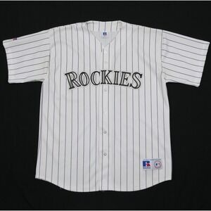 Russell Athletic Colorado Rockies Baseball Jersey Mens 2XL White Pinstripe USA
